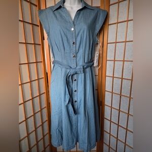 NWT DNKY JEANS BLUE COTTON/VISCOSE MIX BUTTONS DOWN FIT & FLARE BELTED DRESS 6